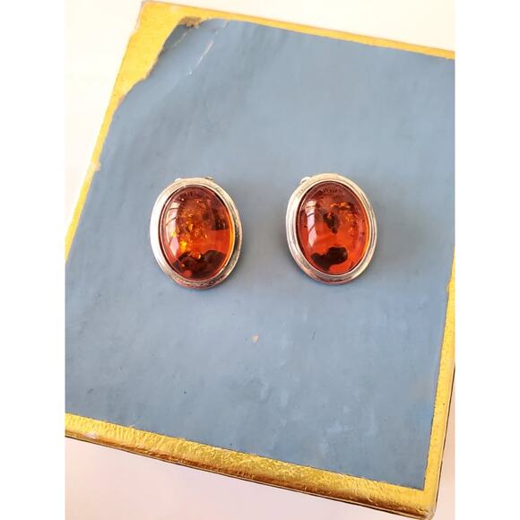 Vintage Amber Baltic Clip-on Sterling Silver Earrings - Picture 1 of 6